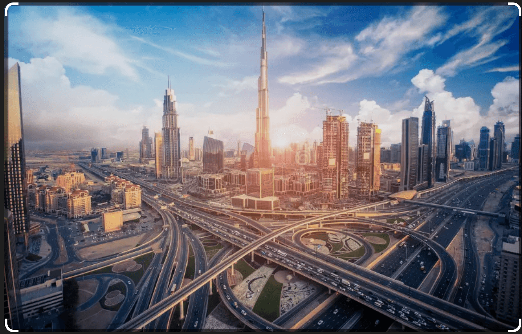 Dubai skyline with modern skyscrapers and waterfront
